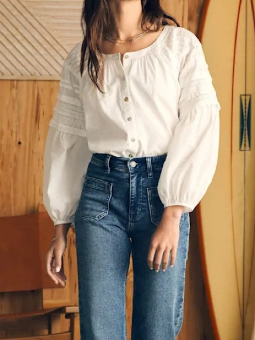 Faherty Enna White Cotton Lave Pintuck Top XS Cottagecore Prairie Peasant Blouse